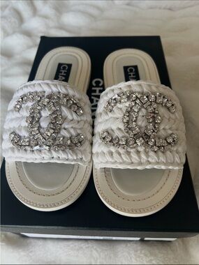 CHANEL White Braided Crystal CC Logo Slide Sandals